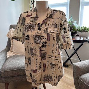 90S WOMENS TAUPE SAFARI WOOD BUTTONED SHORT SLEEVE TOP